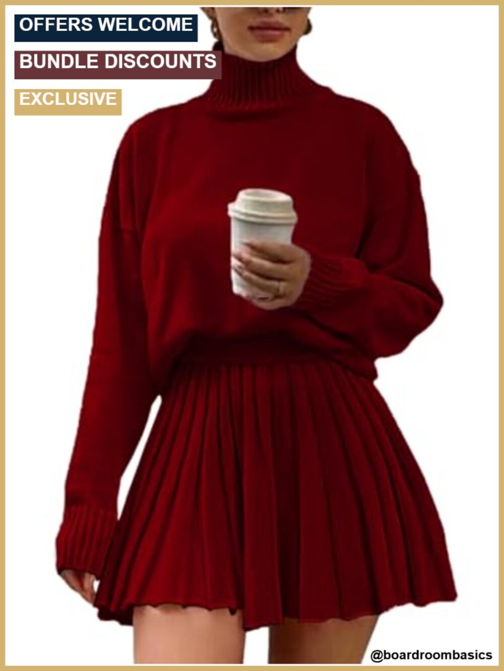 Turtleneck Sweater and Pleated Mini Skirt Set Oversized Pullover Two Piece